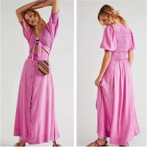 Free People String of Hearts Pink Cutout Maxi Dress Smocked Waist Women's XS